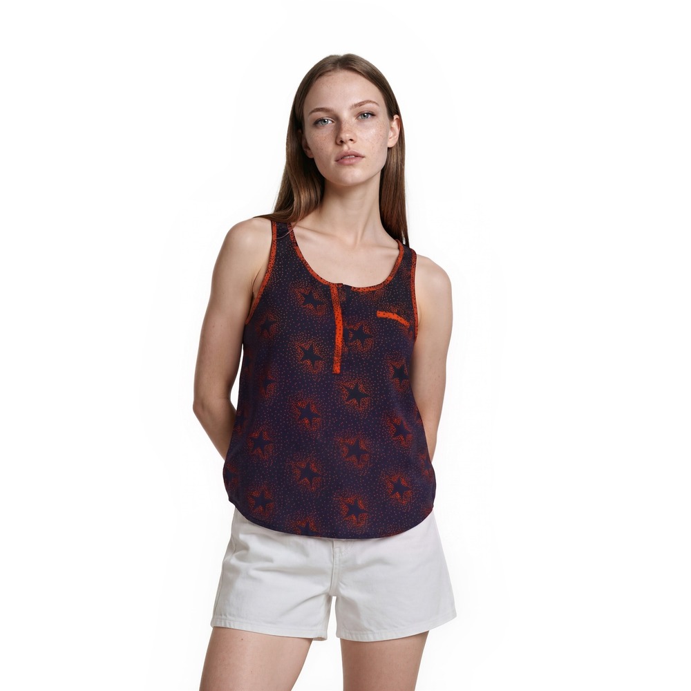 Joy Joy Top Blouse Women's Size Medium Navy Orange Star Print Henley Scoop Neck